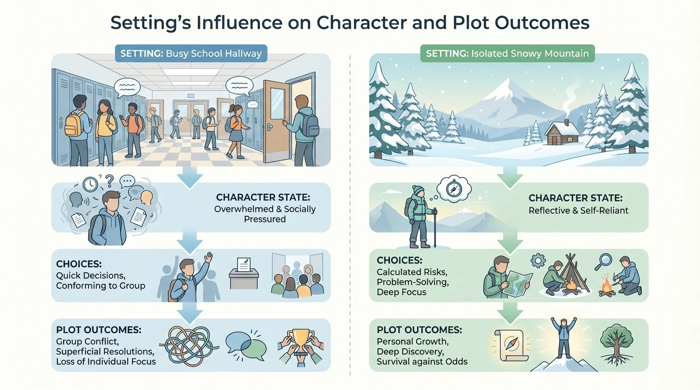 Two-column comparison of the same student character in a busy school hallway and an isolated snowy mountain, with arrows showing different emotions, choices, and plot outcomes