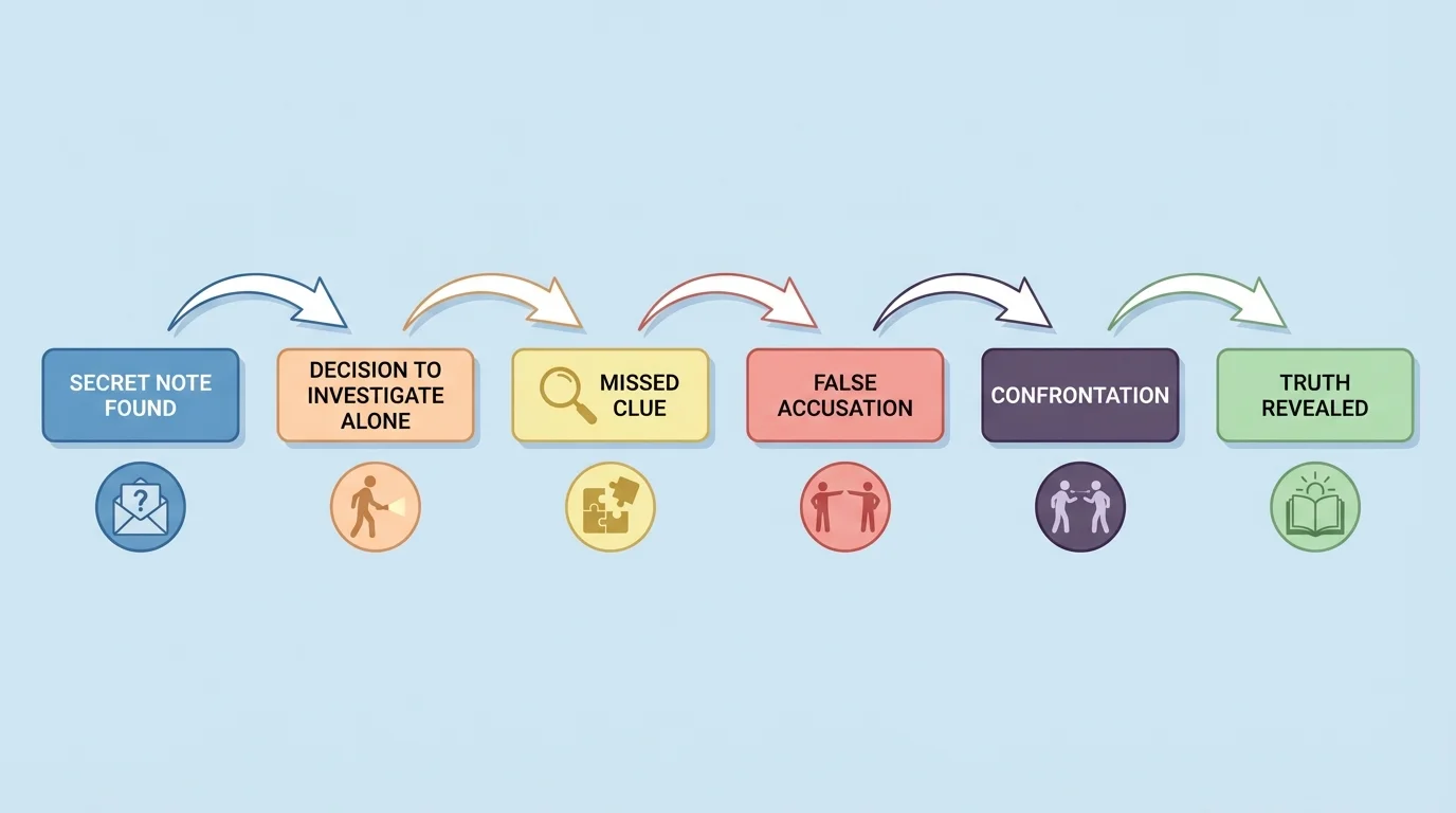 Cause-and-effect chain showing secret note found, decision to investigate alone, missed clue, false accusation, confrontation, and truth revealed