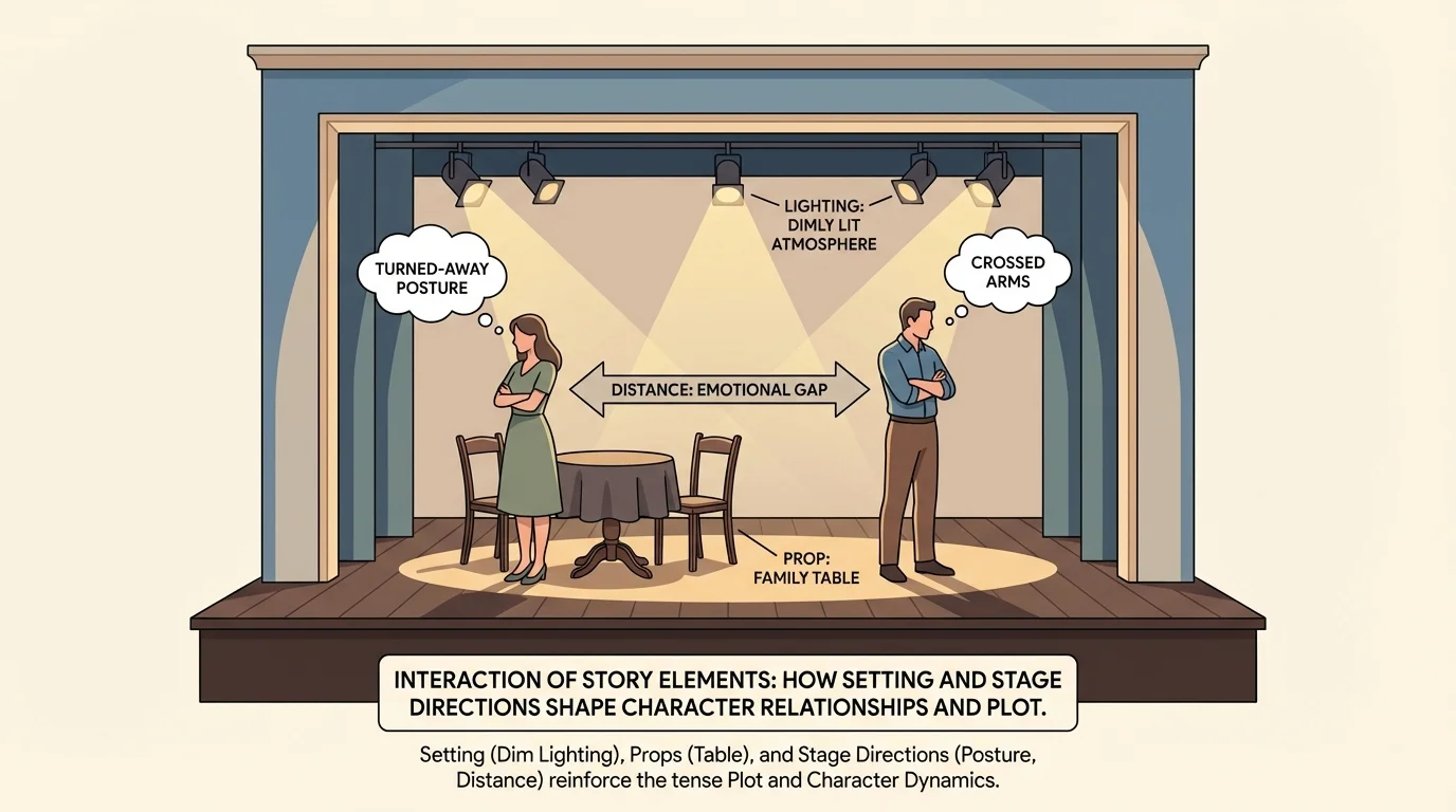 Small theater stage showing two actors in a tense family argument, with labels for lighting, table prop, distance between characters, and stage directions indicating crossed arms and turned-away posture