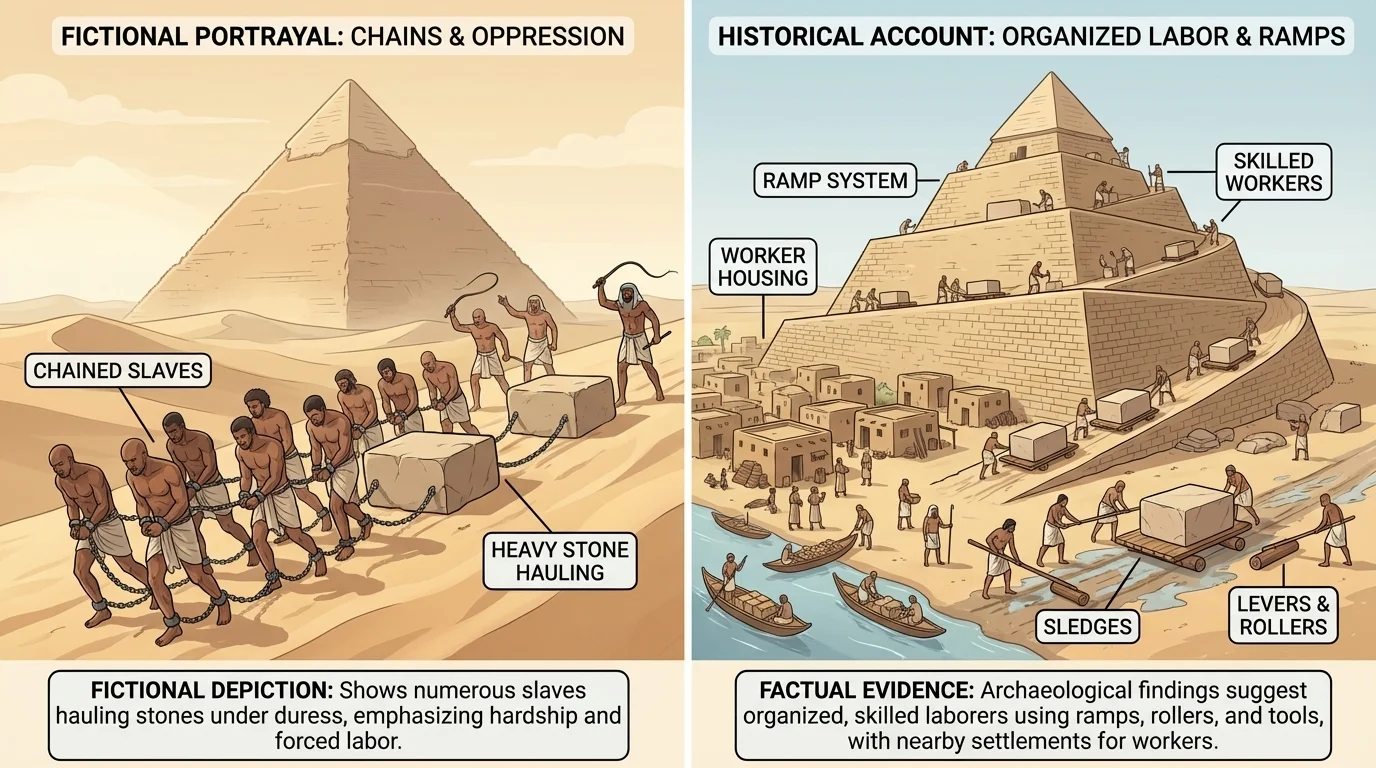 Two side-by-side scenes of pyramid construction, one fictionalized with chained slaves hauling stones, the other historically based with organized workers, ramps, tools, and worker housing