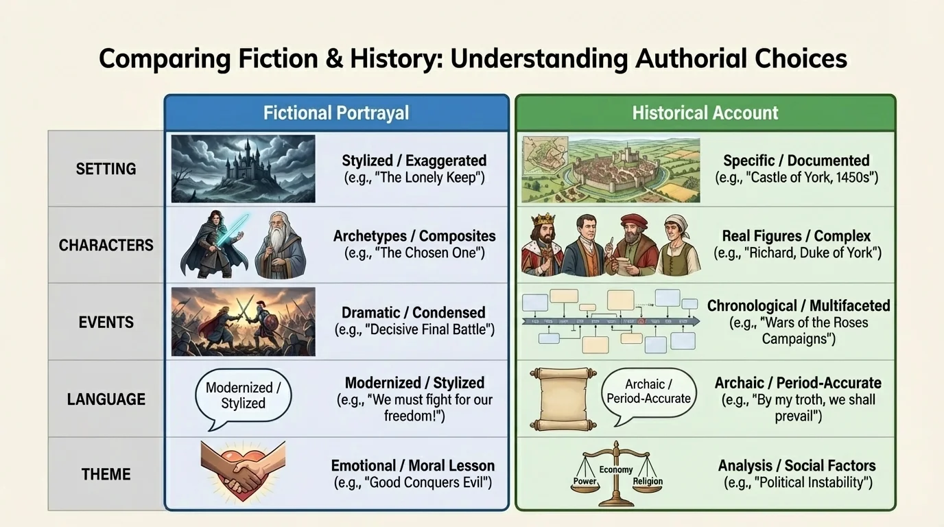 Side-by-side comparison chart with columns labeled fictional portrayal and historical account, and rows for setting, characters, events, language, and theme