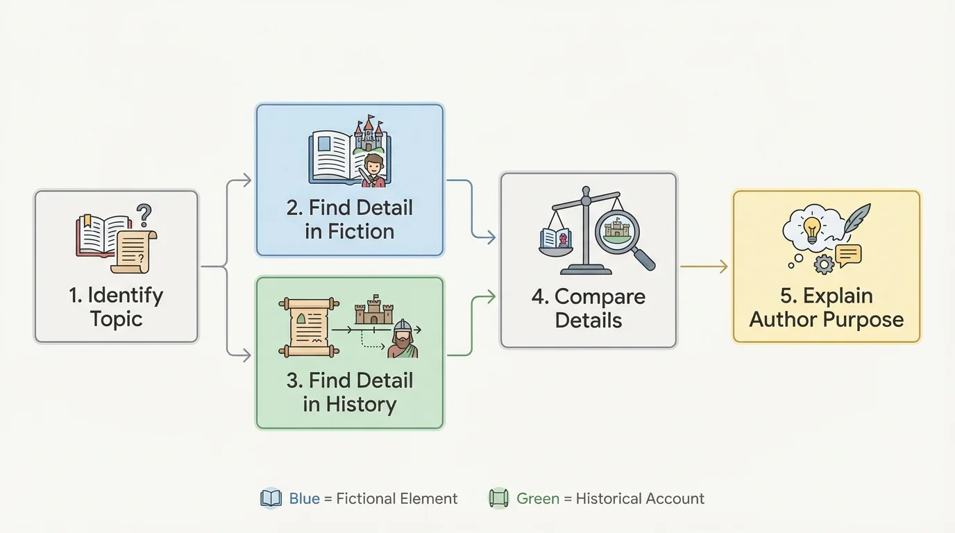 Flowchart with steps identify topic, find detail in fiction, find detail in history, compare details, explain author purpose