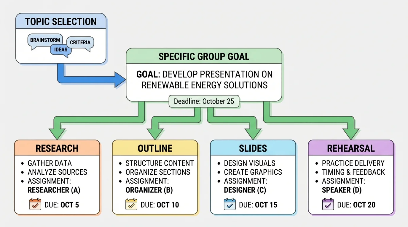 Topic selection leading to a specific group goal, then smaller tasks with due dates such as research, outline, slides, and rehearsal