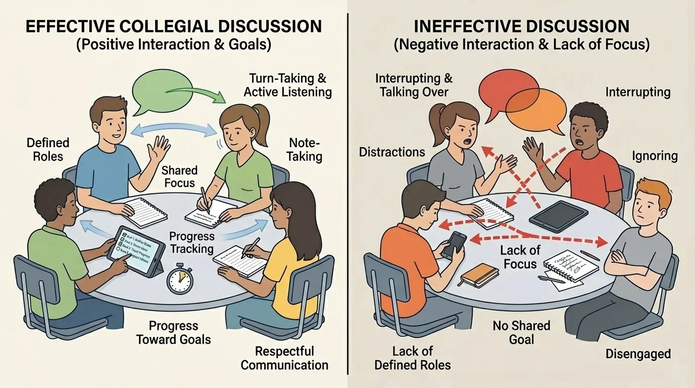 Two student discussion groups, one using turn-taking, note-taking, and eye contact, the other interrupting, distracted, and talking over each other