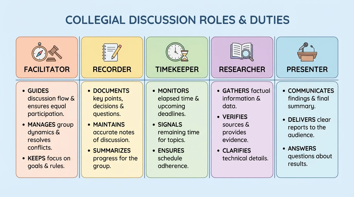 Comparison chart listing facilitator, recorder, timekeeper, researcher, and presenter with short duty phrases for each role