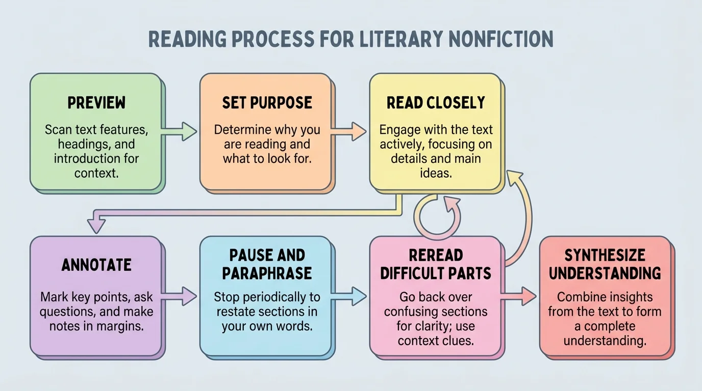 Reading process flowchart with boxes labeled preview, set purpose, read closely, annotate, pause and paraphrase, reread difficult parts, synthesize understanding
