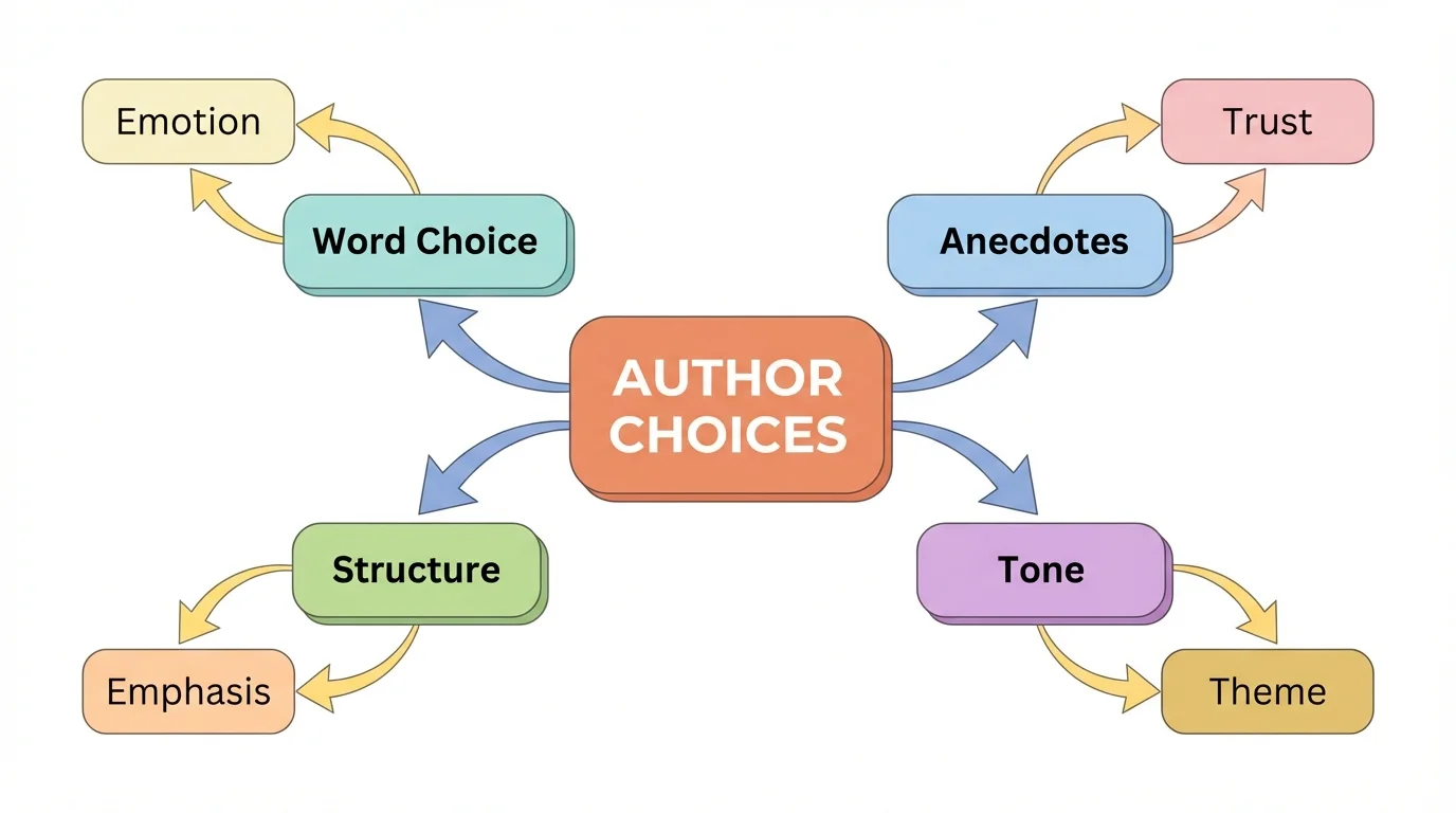 Central bubble labeled author choices connected to word choice, structure, anecdotes, and tone, with arrows to effects like trust, emotion, emphasis, and theme