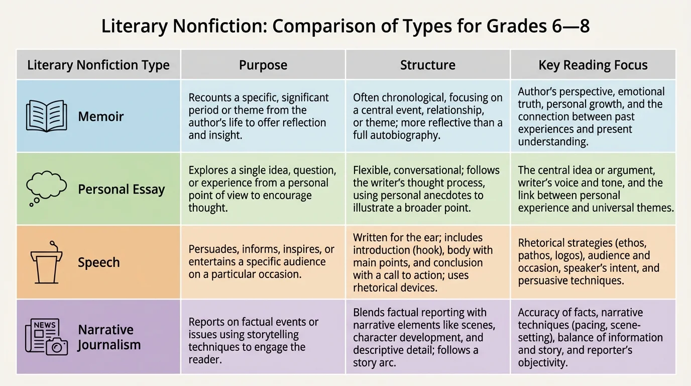 Comparison chart of memoir, personal essay, speech, and narrative journalism with columns for purpose, structure, and key reading focus