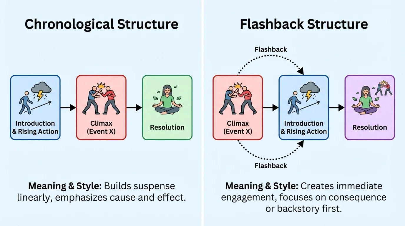two-panel diagram of the same story event, one in chronological order and one beginning with the climax then flashing back