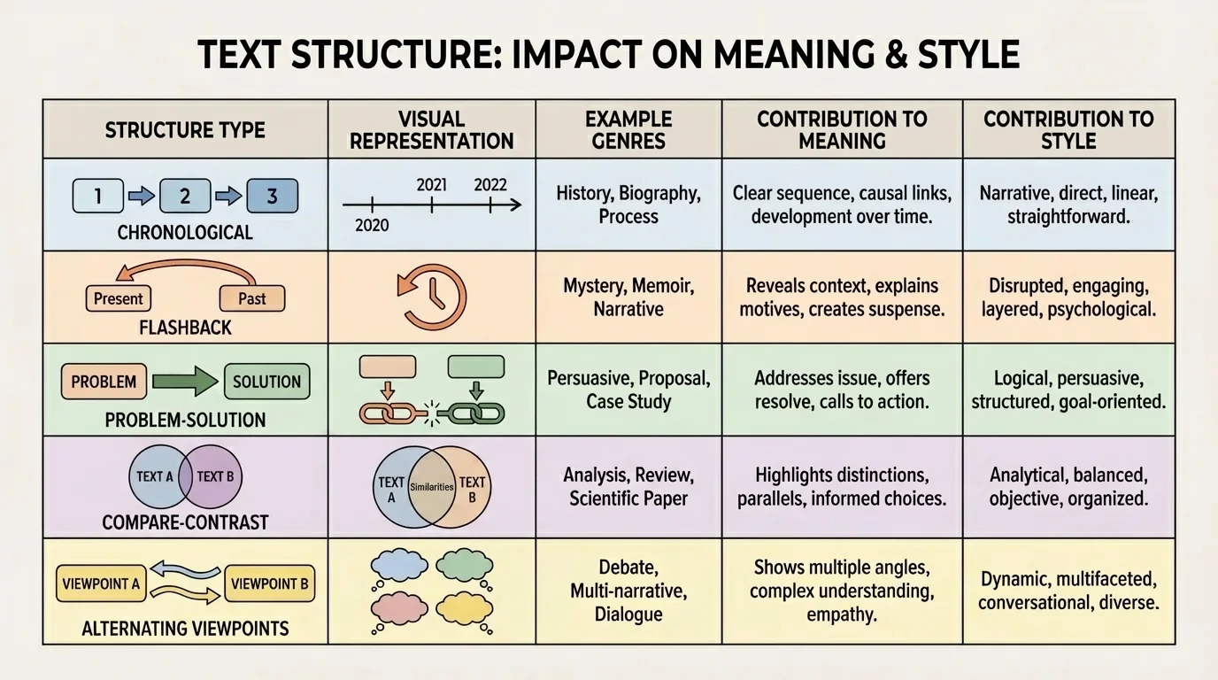 comparison chart showing chronological, flashback, problem-solution, compare-contrast, and alternating viewpoints with simple arrows and labels