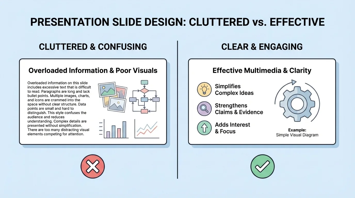comparison of a cluttered presentation slide and a clean slide with short bullets, large title, and simple visual