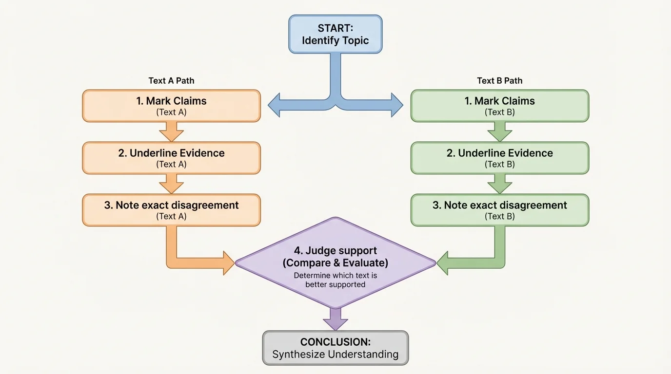 Flowchart showing steps for comparing two texts: identify topic, mark claims, underline evidence, note exact disagreement, judge support