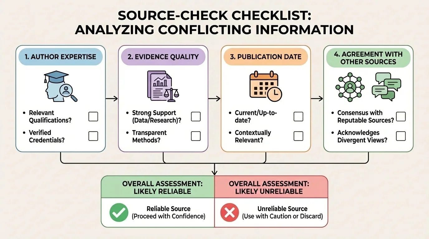 Diagram of a source-check checklist with four parts: author expertise, evidence quality, publication date, and agreement with other sources