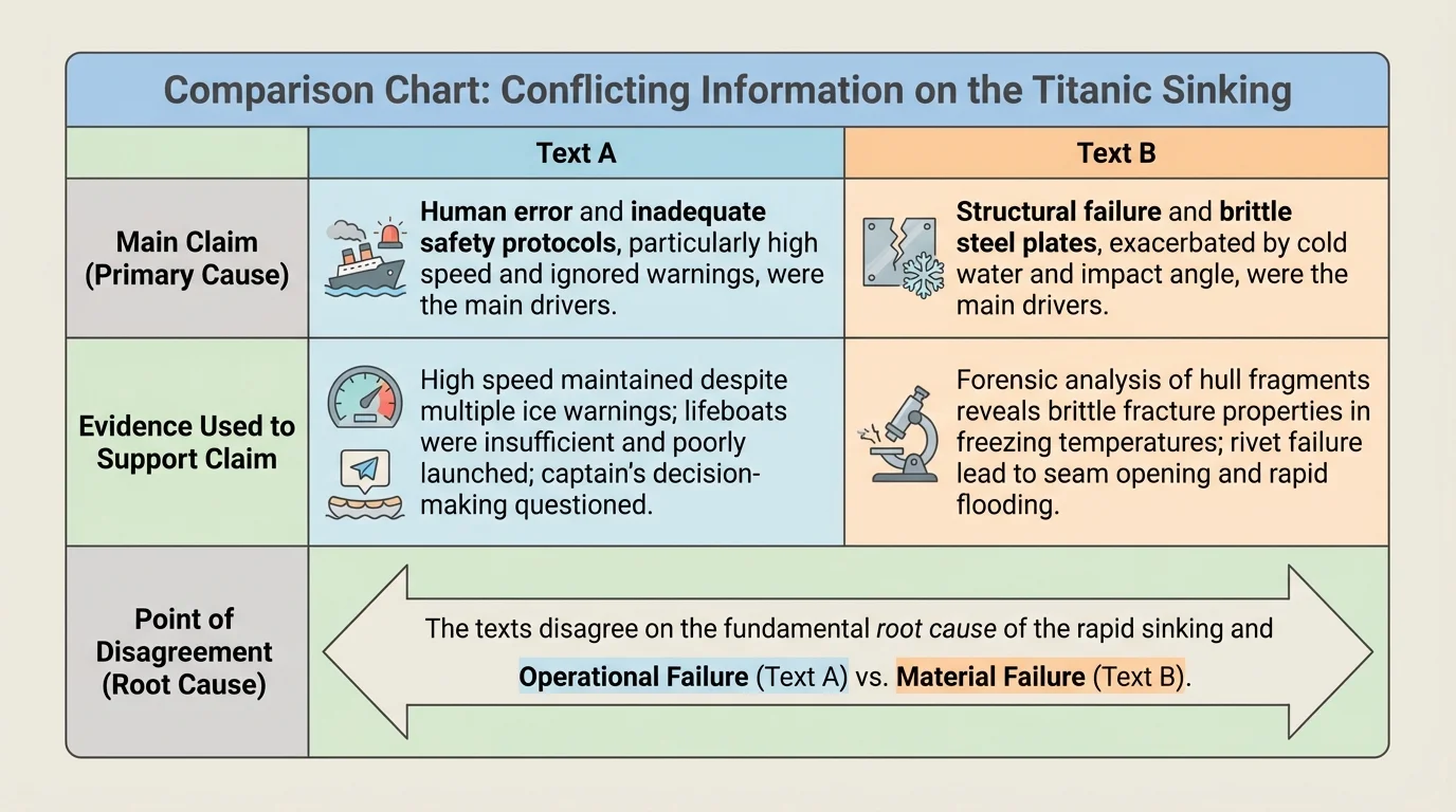 Comparison chart with columns for Text A and Text B and rows for main claim, evidence used, and point of disagreement about the Titanic sinking