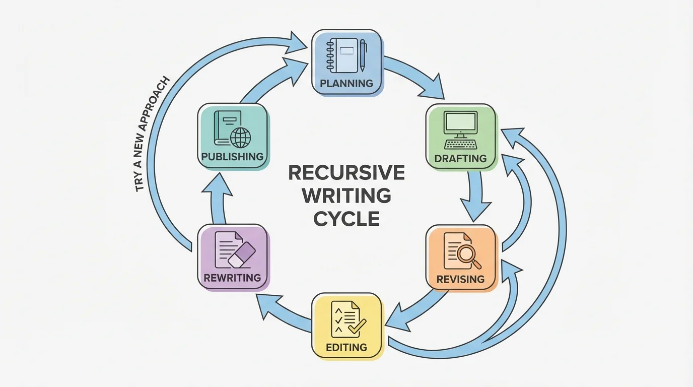 recursive writing cycle with planning, drafting, revising, editing, rewriting, publishing, and arrows looping back to earlier stages
