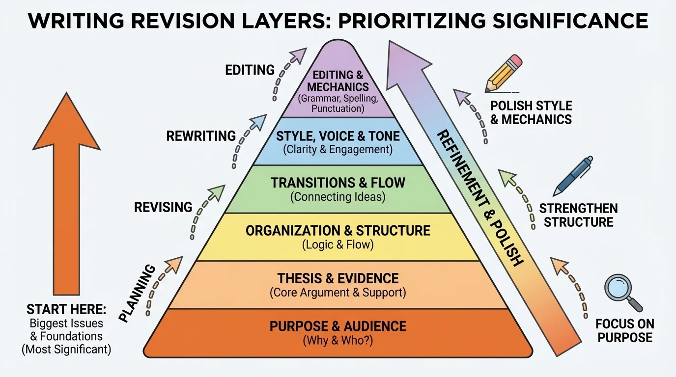labeled paper showing revision layers from thesis and evidence to organization, transitions, and style, with biggest issues prioritized first