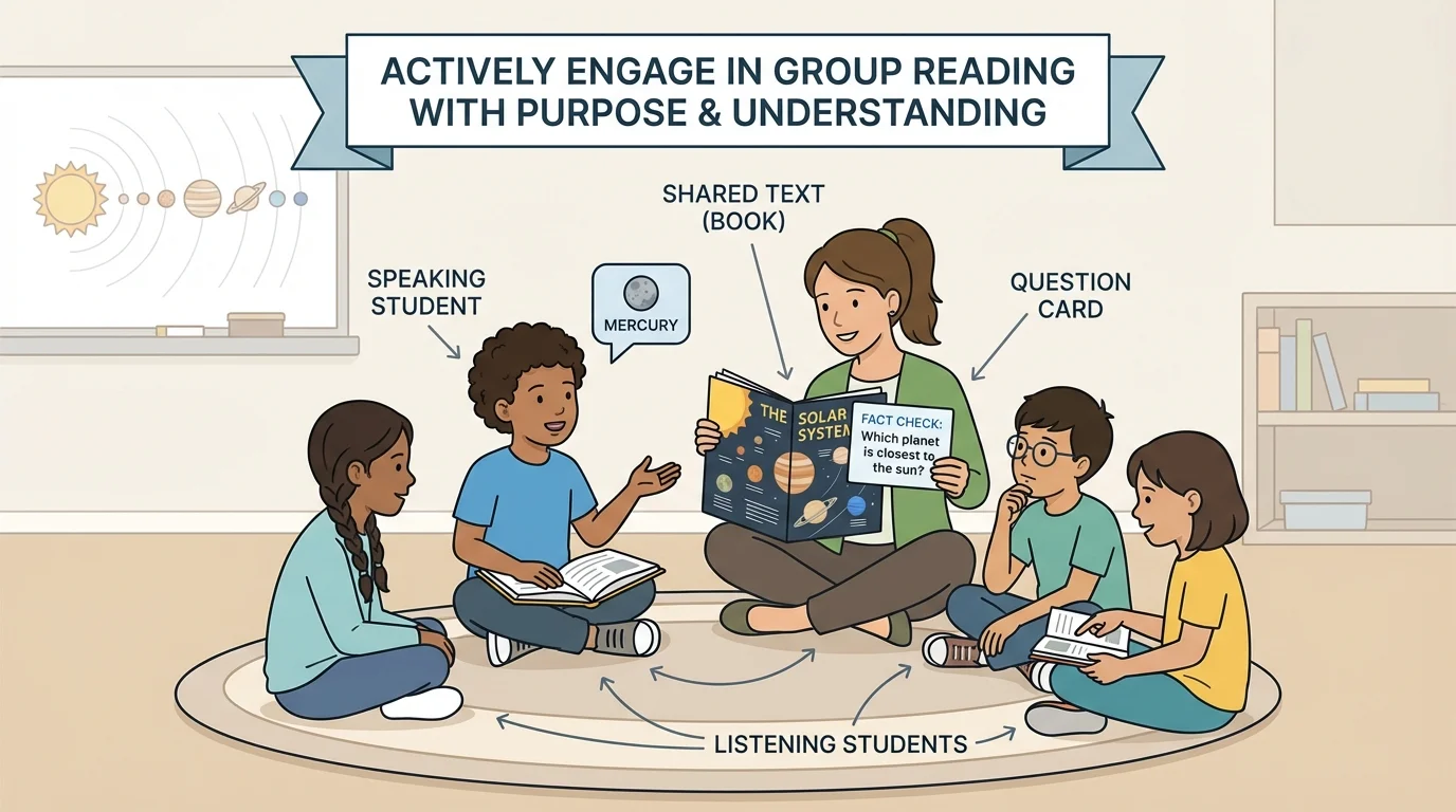 Small reading circle with one child speaking, others listening, teacher holding a book and question card about a fact from the text
