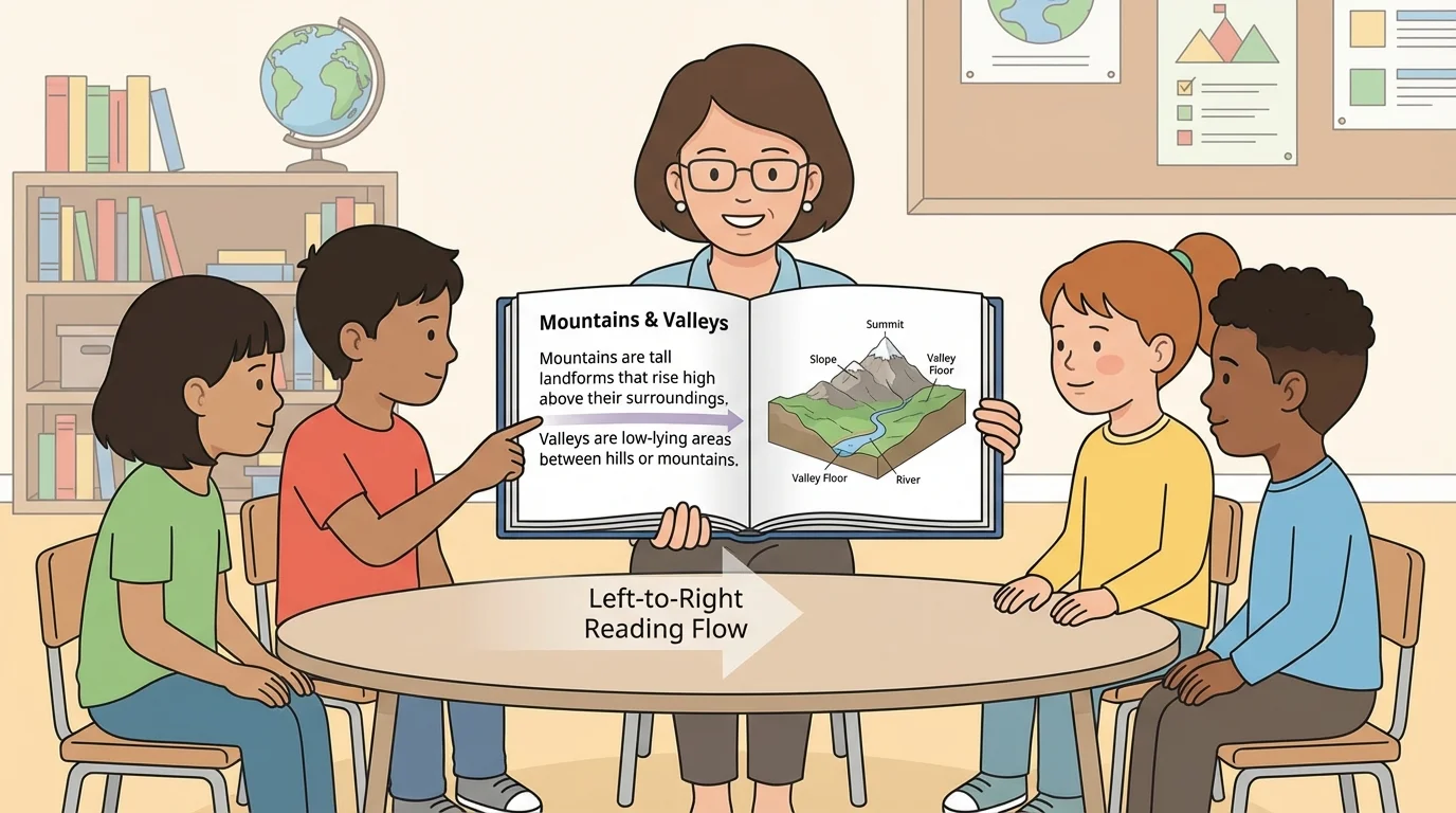 Children sitting together with a teacher reading a big informational book, finger pointing left to right across lines of print, students watching words and pictures
