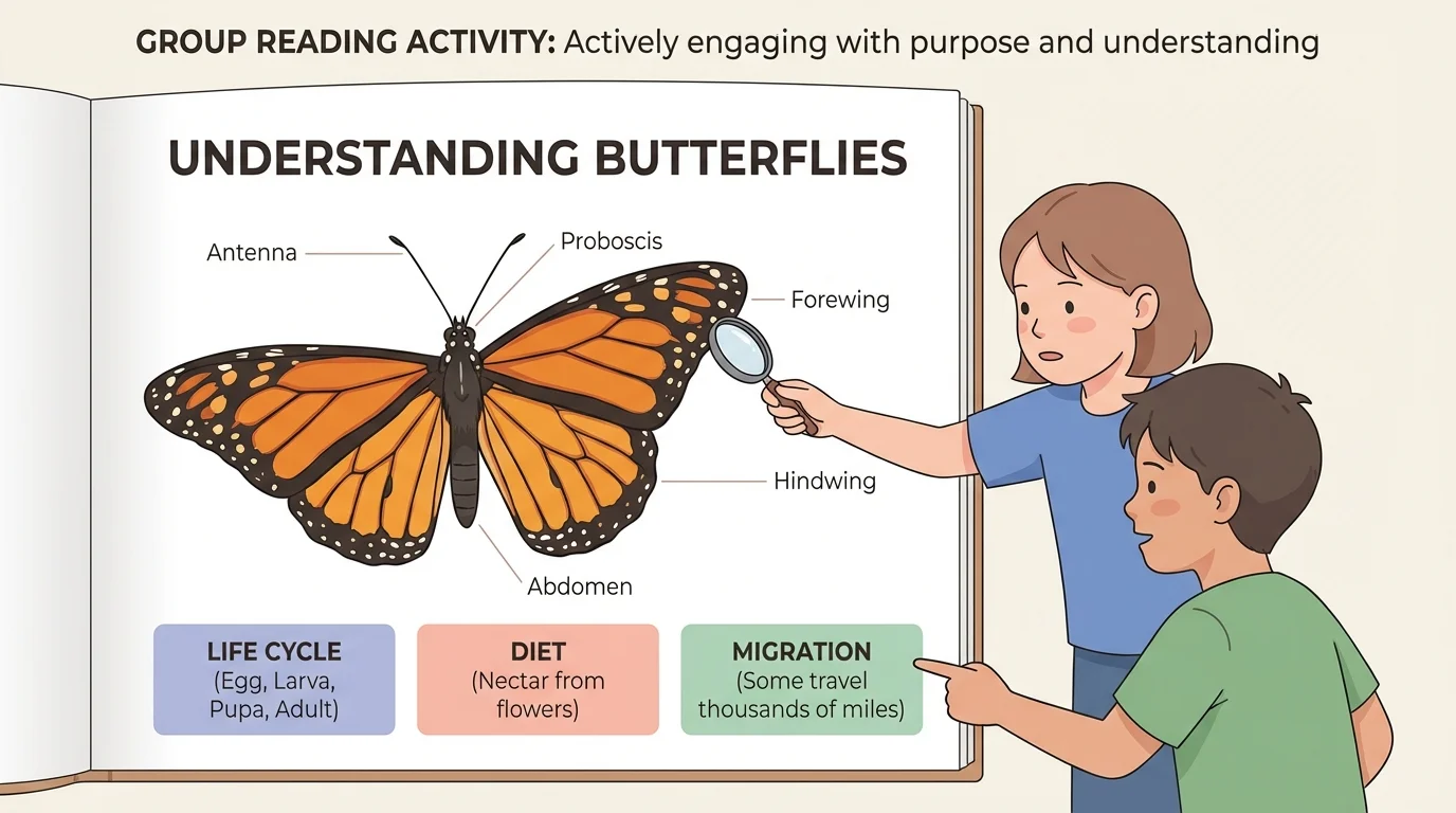 Informational book page about a butterfly with labeled picture, short fact boxes, and children noticing details in both image and words