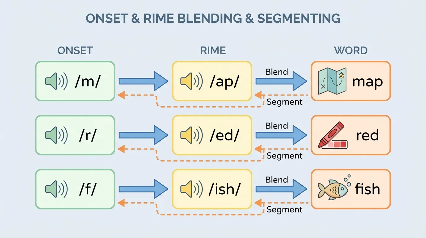 flowchart with /m/ plus /ap/ becoming map, /r/ plus /ed/ becoming red, /f/ plus /ish/ becoming fish