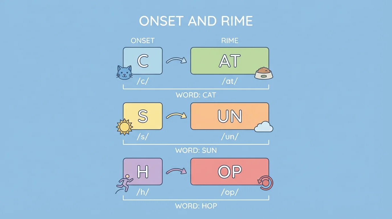 child-friendly word part diagram showing cat split into /c/ and /at/, sun split into /s/ and /un/, hop split into /h/ and /op/