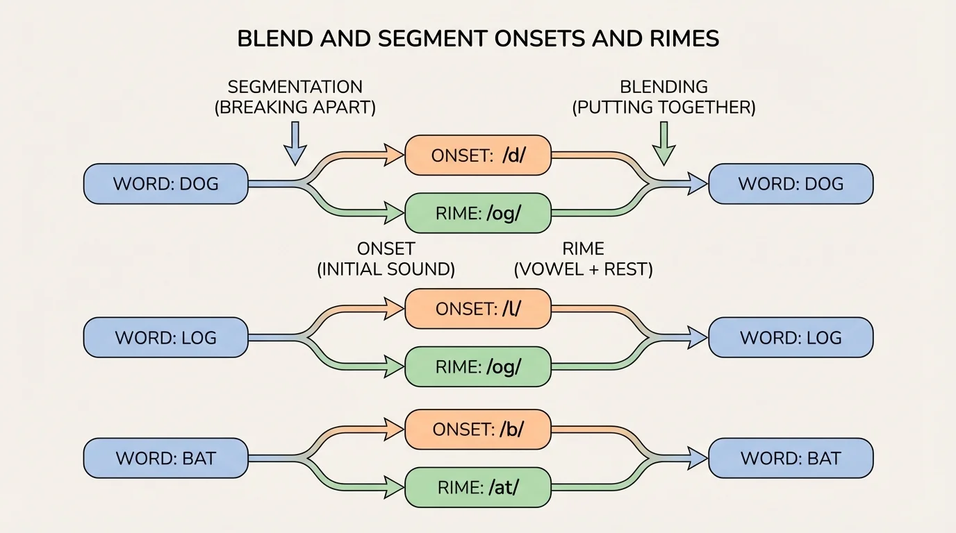 flowchart showing dog becoming /d/ and /og/, log becoming /l/ and /og/, bat becoming /b/ and /at/