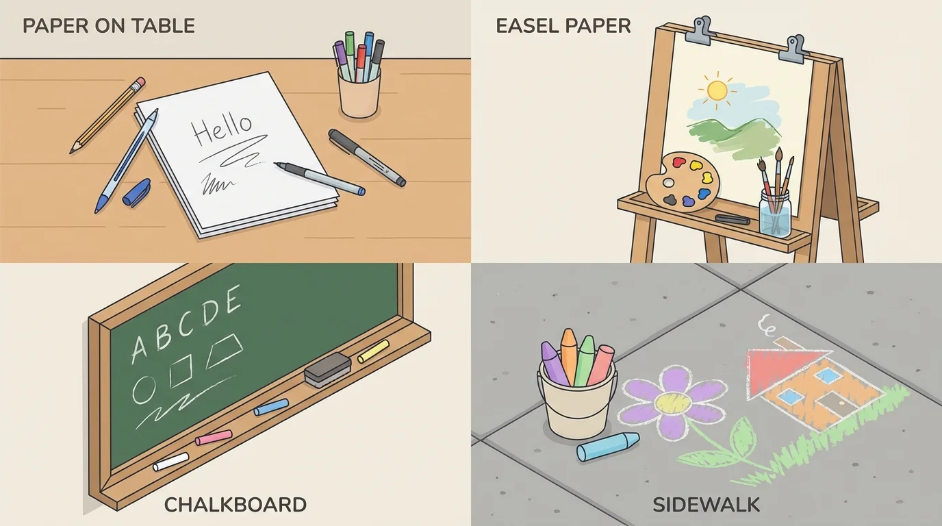 writing surfaces including paper on table, vertical easel paper, chalkboard, and sidewalk, with matching tools nearby
