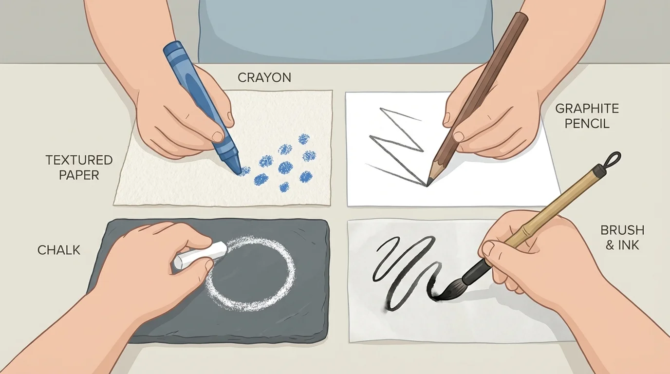 close-up illustration of small hands holding tools with examples of dots, zigzags, circles, and lines beside them