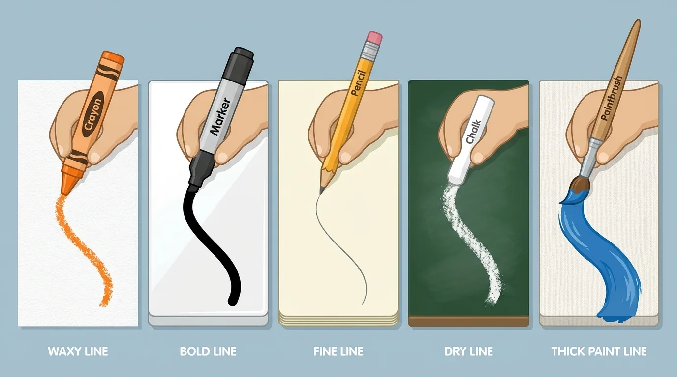 child-safe illustration showing crayon, marker, pencil, chalk, and paintbrush each making a different line on separate surfaces