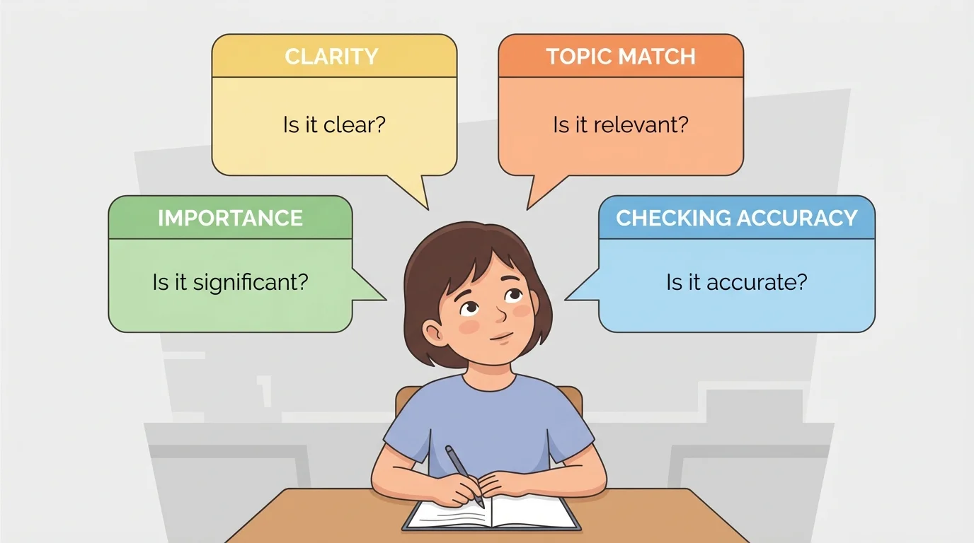 Child at a table with four speech bubbles labeled with simple prompts for clarity, importance, topic match, and checking accuracy