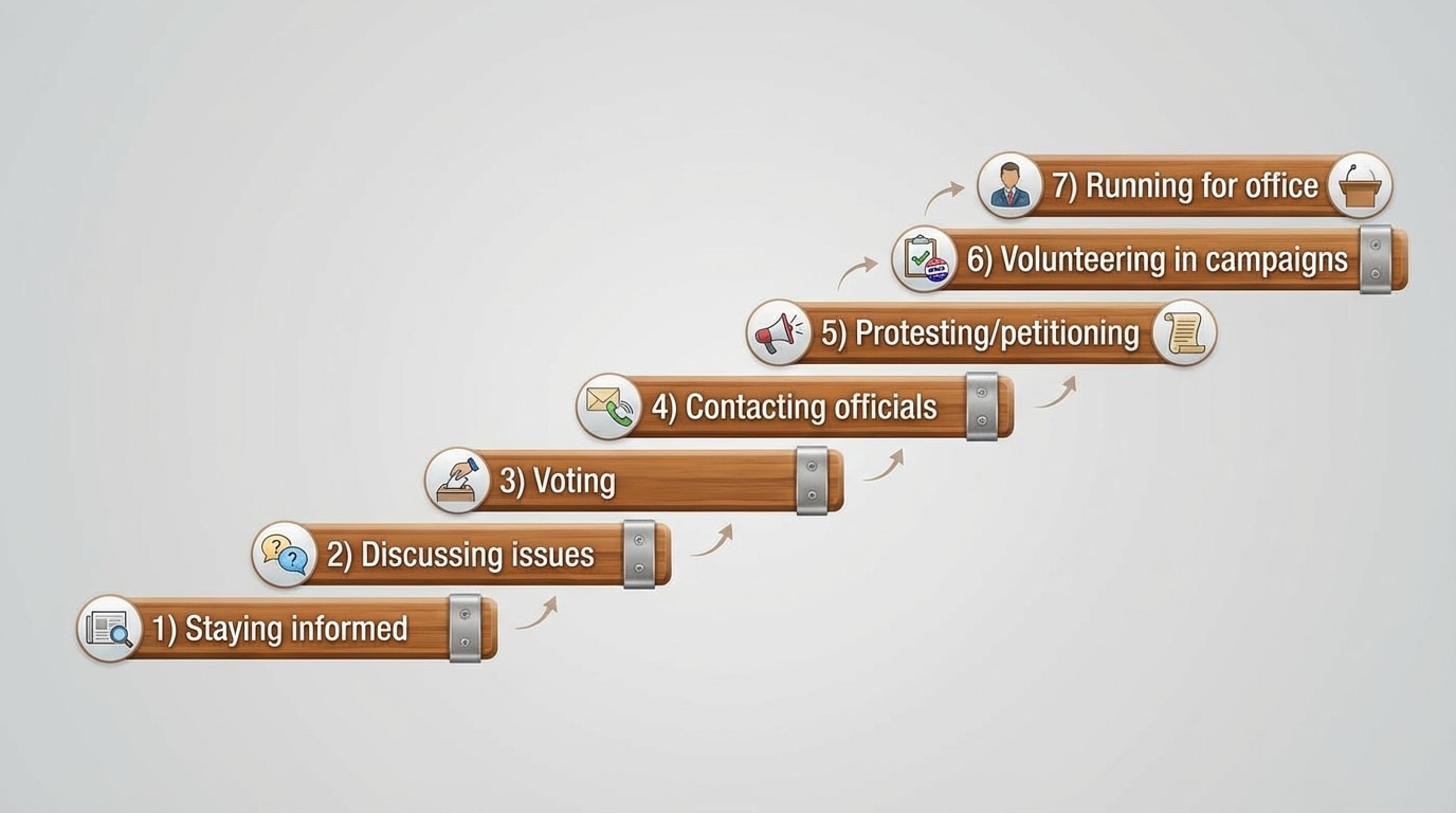 A horizontal "ladder of participation" infographic with rungs labeled: 1) Staying informed, 2) Discussing issues, 3) Voting, 4) Contacting officials, 5) Protesting/petitioning, 6) Volunteering in campaigns, 7) Running for office. Simple icons next to each rung.