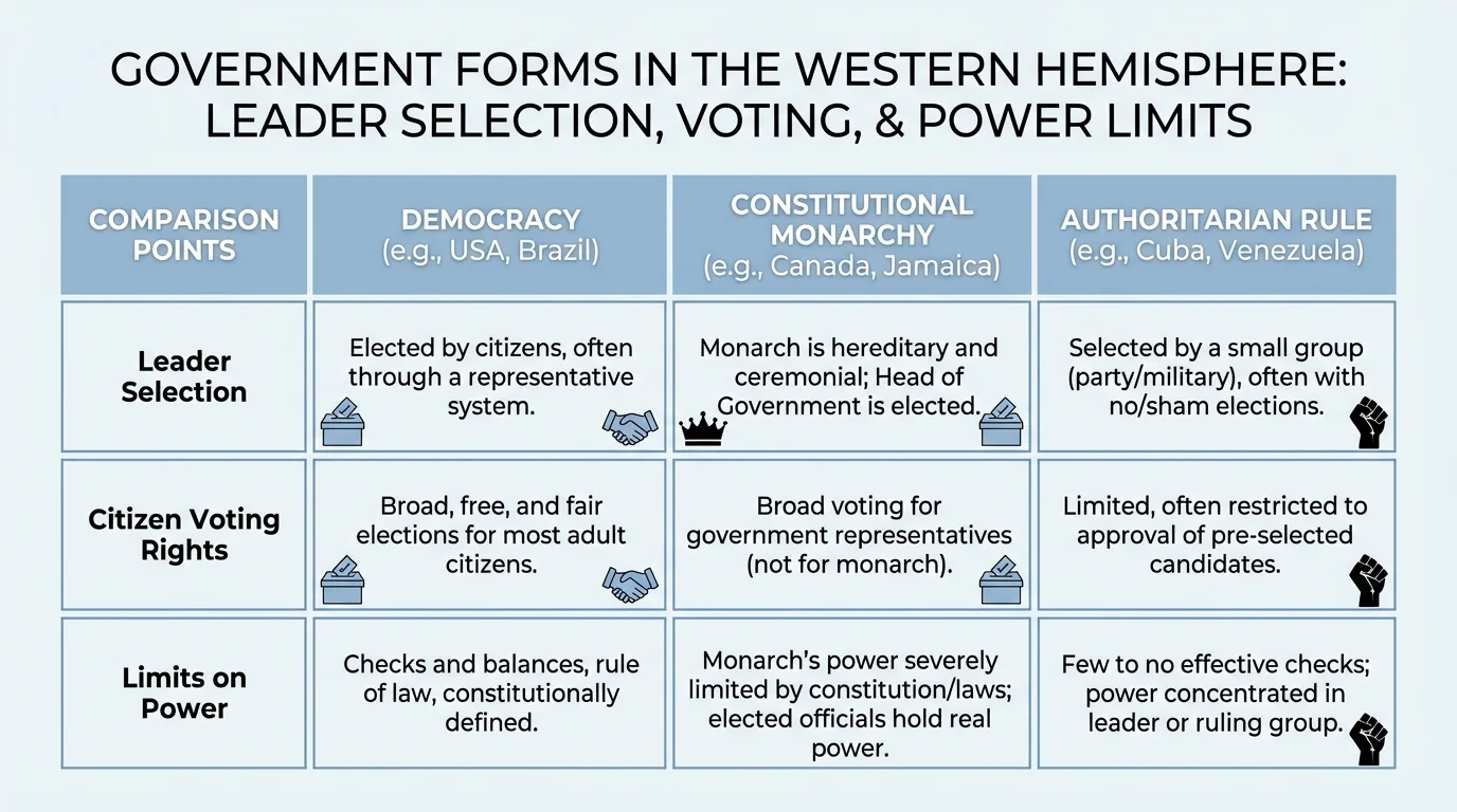 comparison chart of democracy, constitutional monarchy, and authoritarian rule showing leader selection, voting rights, and limits on power
