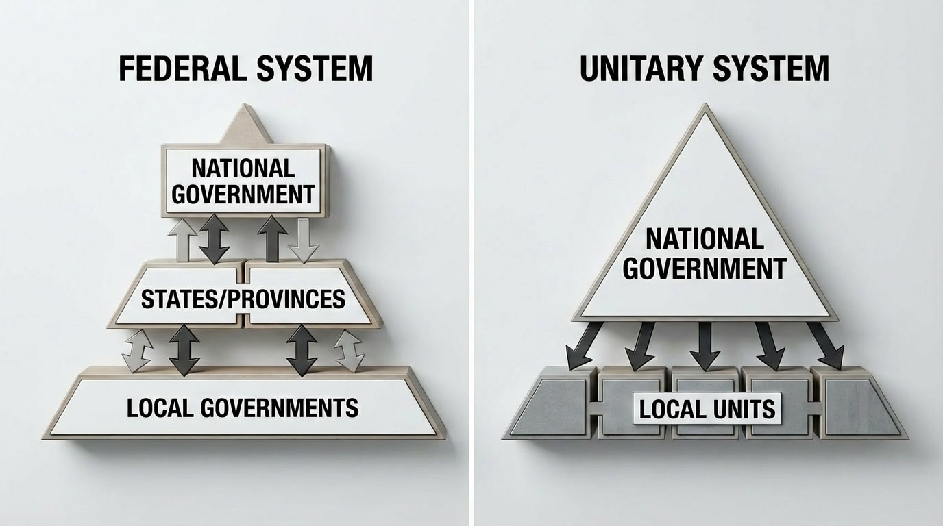 Side-by-side comparison. Left: Federal system pyramid showing national at top, states/provinces in middle, local at bottom with arrows showing power shared. Right: Unitary system pyramid with strong national government at top and smaller local units below receiving power from the center.