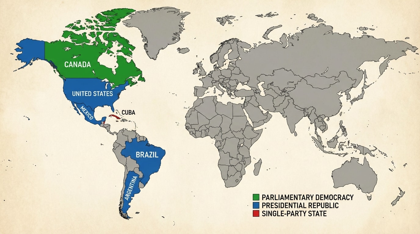 A political map of the Western Hemisphere with major countries labeled (Canada, United States, Mexico, Brazil, Argentina, Cuba, etc.), and a legend noting different government types with simple color coding.