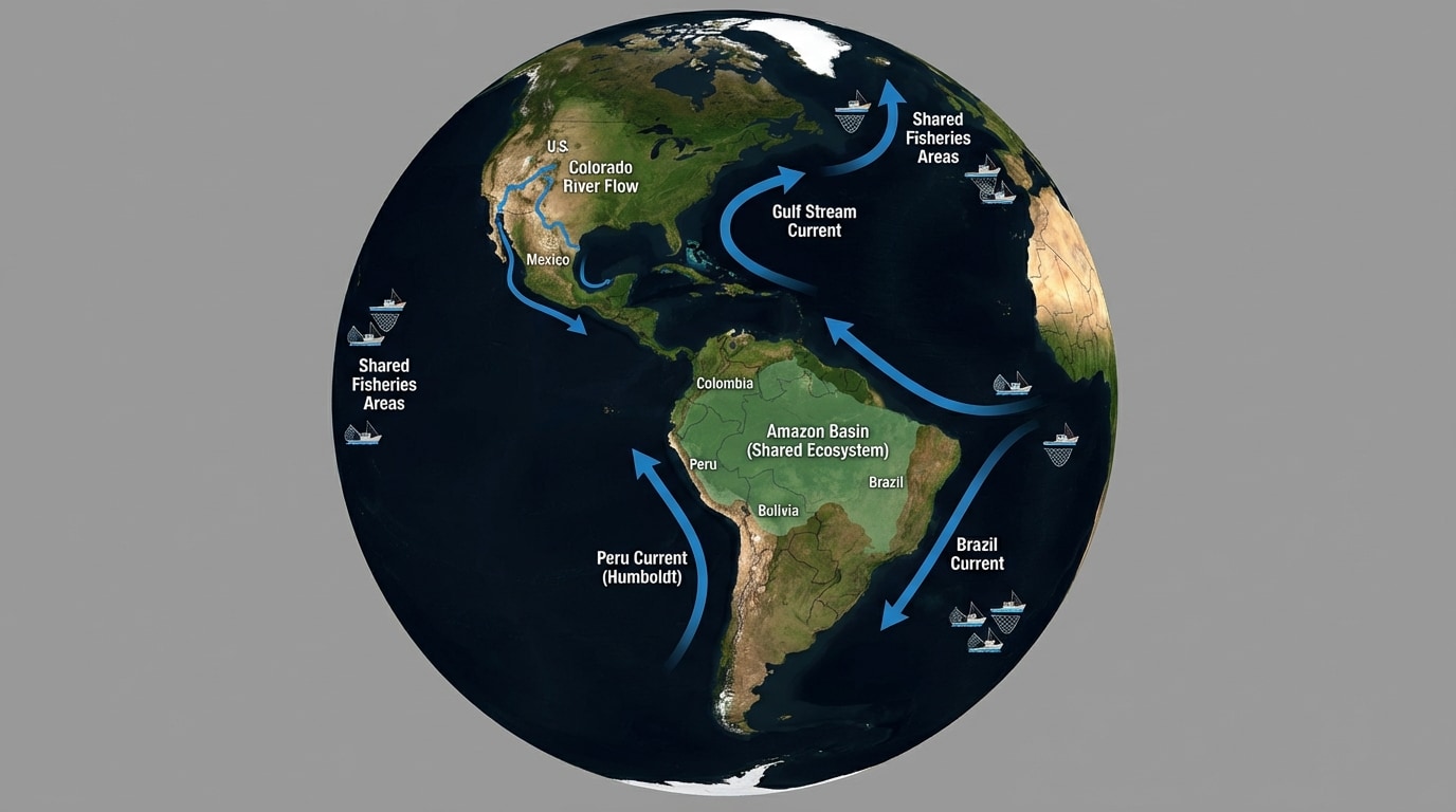 Map of the Western Hemisphere highlighting shared systems: arrows for ocean currents, shading for Amazon Basin across countries, arrows along the Colorado River, and icons for shared fisheries in the Atlantic and Pacific.