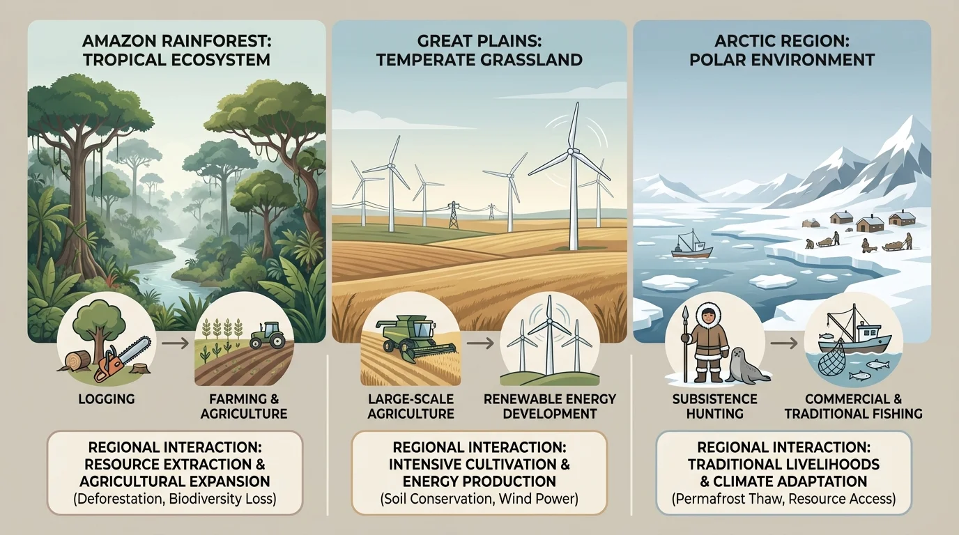 Side-by-side comparison panels of three regions: Amazon rainforest with trees and logging/farming icons; Great Plains with flat farmland and wind turbines; Arctic with ice, a small settlement, and hunting/fishing icons
