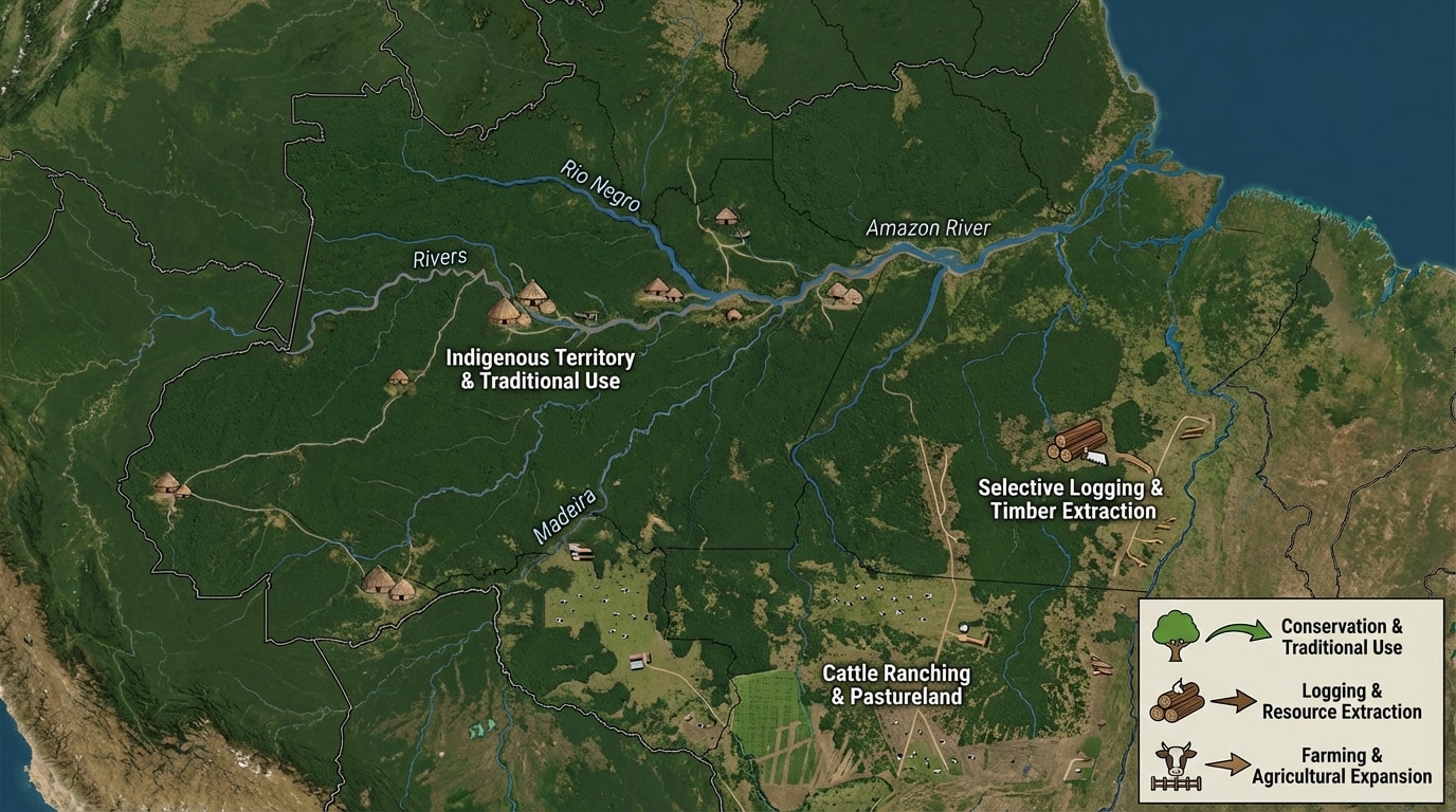 A simplified map-diagram of the Amazon Basin showing rainforest area, major rivers, indigenous villages, logging areas, cattle ranches, and an arrow legend indicating different human uses (logging, farming, conservation).