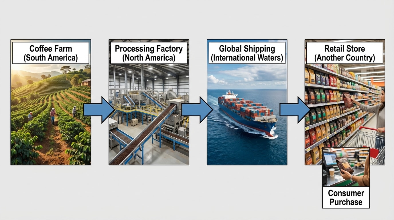 Flowchart showing a product’s journey: farm in South America → factory in North America → shipping → store in another country → consumer buying the product