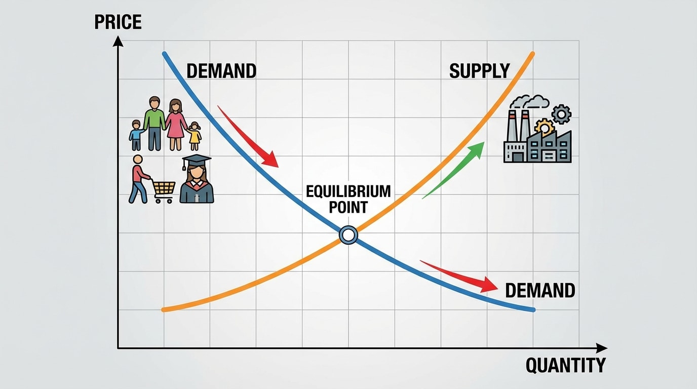 Simple supply and demand graph with labeled curves and an equilibrium point, with icons of consumers on the demand side and a factory on the supply side