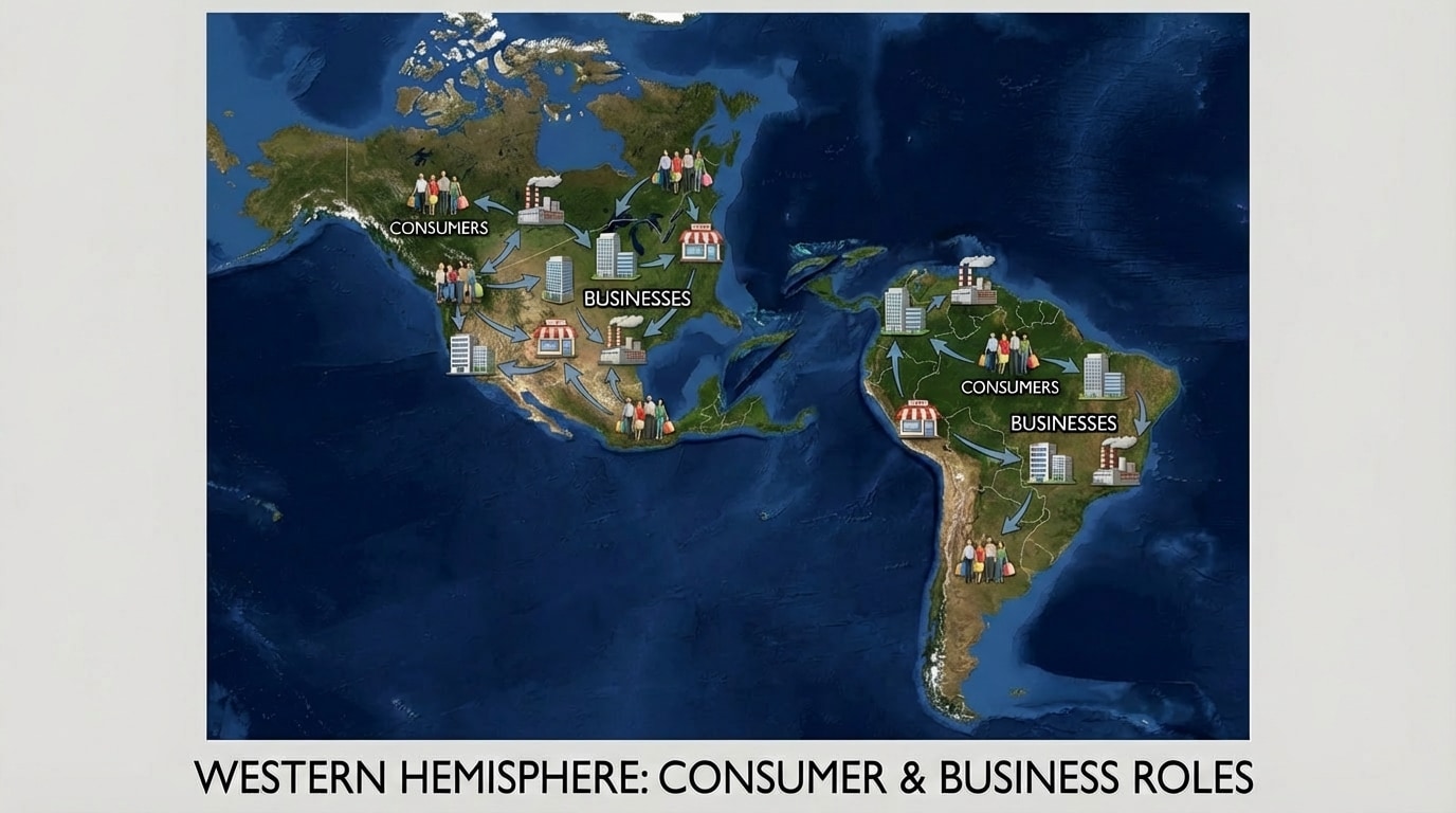 A simple labeled map of the Western Hemisphere (North and South America) with icons for consumers (people with shopping bags) and businesses (stores and factories) in different countries