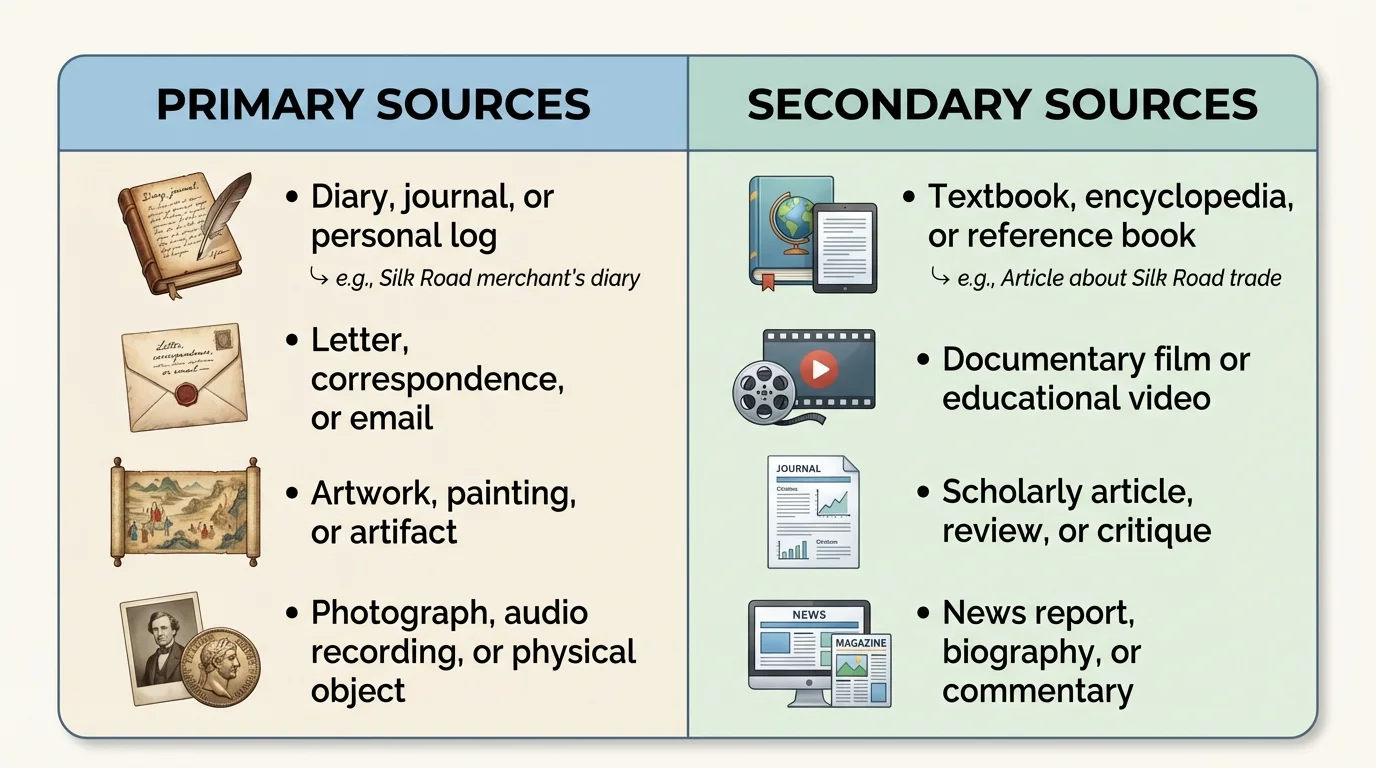 Comparison chart with two columns labeled "Primary Sources" and "Secondary Sources," each with bullet-point lists and small icons representing examples like a diary, letter, painting vs. textbook, documentary, article. Include a small note "Silk Road merchant's diary" under Primary and "Article about Silk Road trade" under Secondary.
