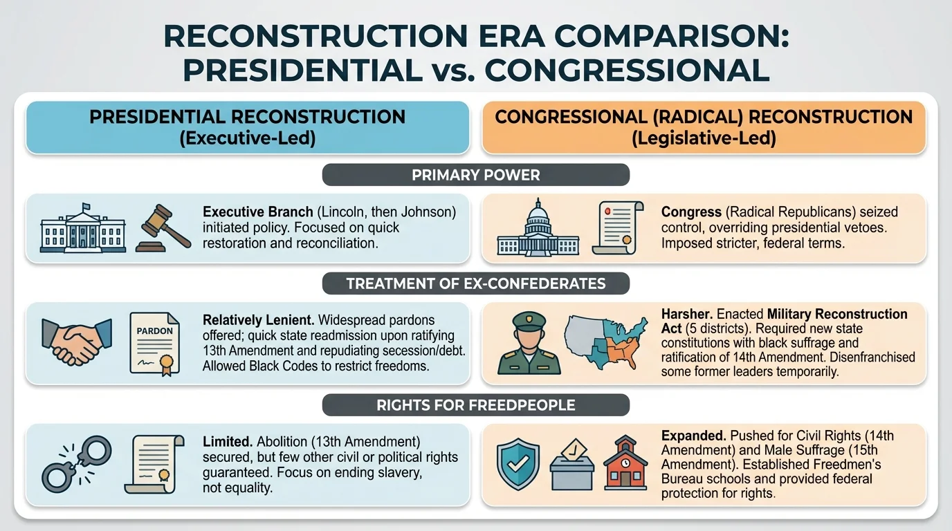 Side-by-side comparison diagram with two columns labeled "Presidential Reconstruction" and "Congressional (Radical) Reconstruction," listing differences in who had power, how ex-Confederates were treated, and rights for freedpeople