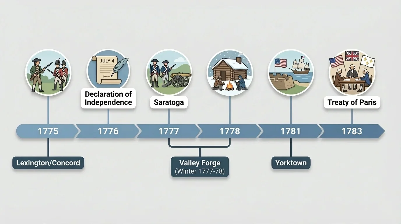 Horizontal timeline from 1775 to 1783 with labeled points for Lexington/Concord, Declaration of Independence, Saratoga, Valley Forge, Yorktown, Treaty of Paris