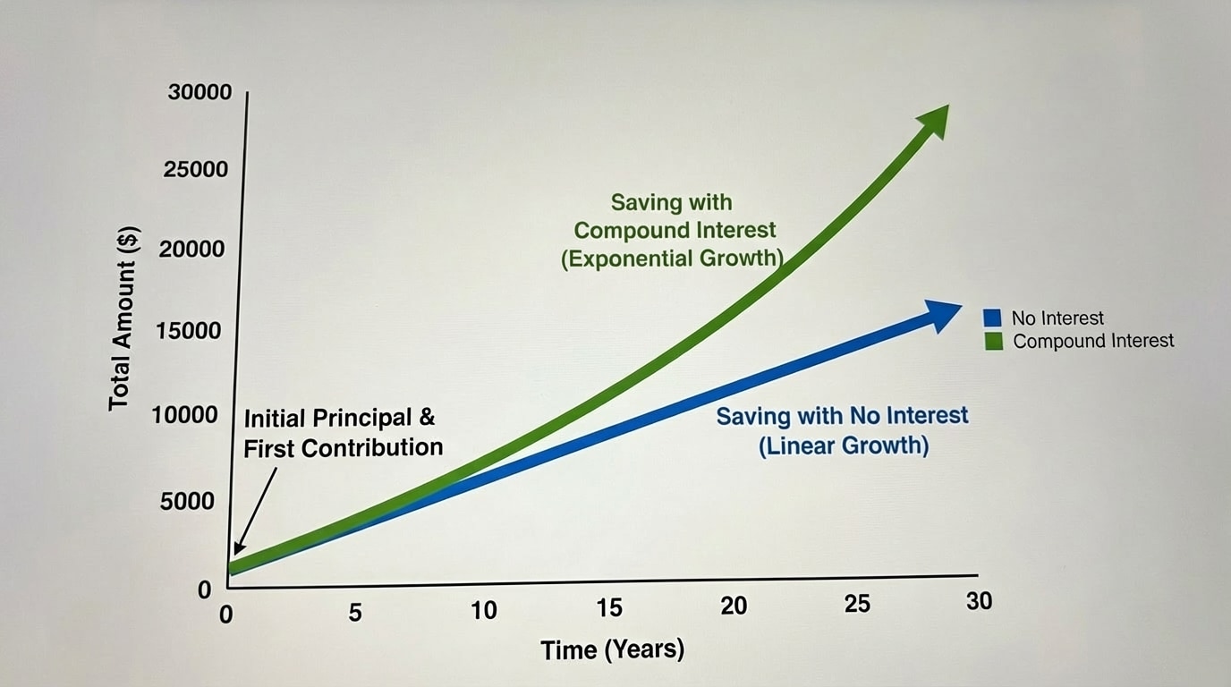 Graph comparing total amount over time saving with no interest vs saving with compound interest, both starting at the same principal and same contributions