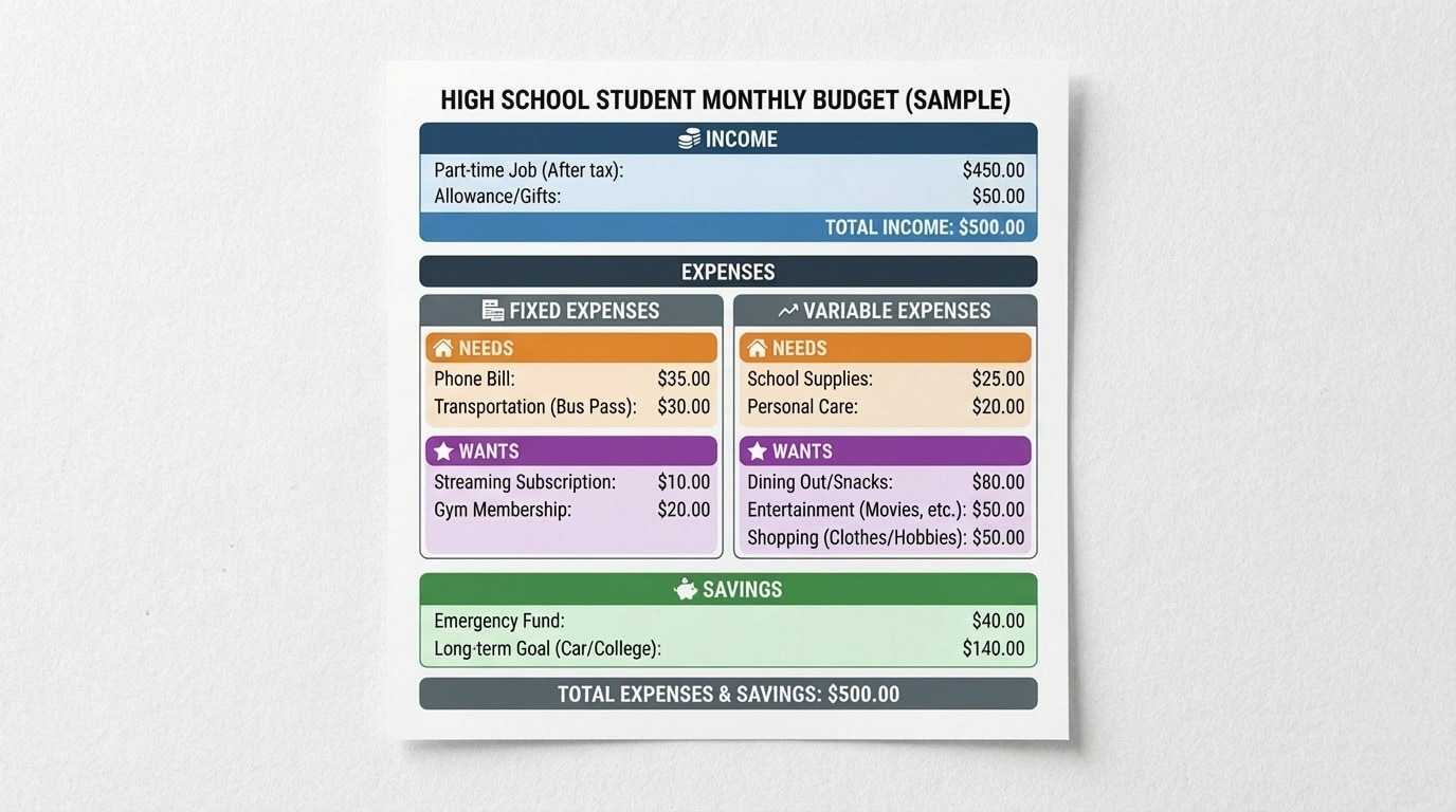 Sample monthly budget for a high school student with income at top and categorized expenses below, highlighting fixed vs variable and needs vs wants