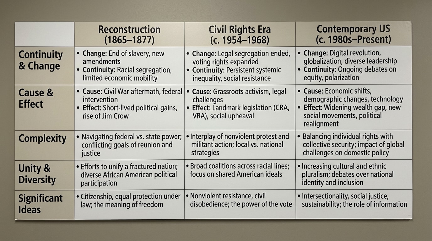 Comparative chart with rows for continuity/change, cause/effect, complexity, unity/diversity, significant ideas, and columns for three eras: Reconstruction, Civil Rights Era, Contemporary United States, with brief bullet phrases in each cell