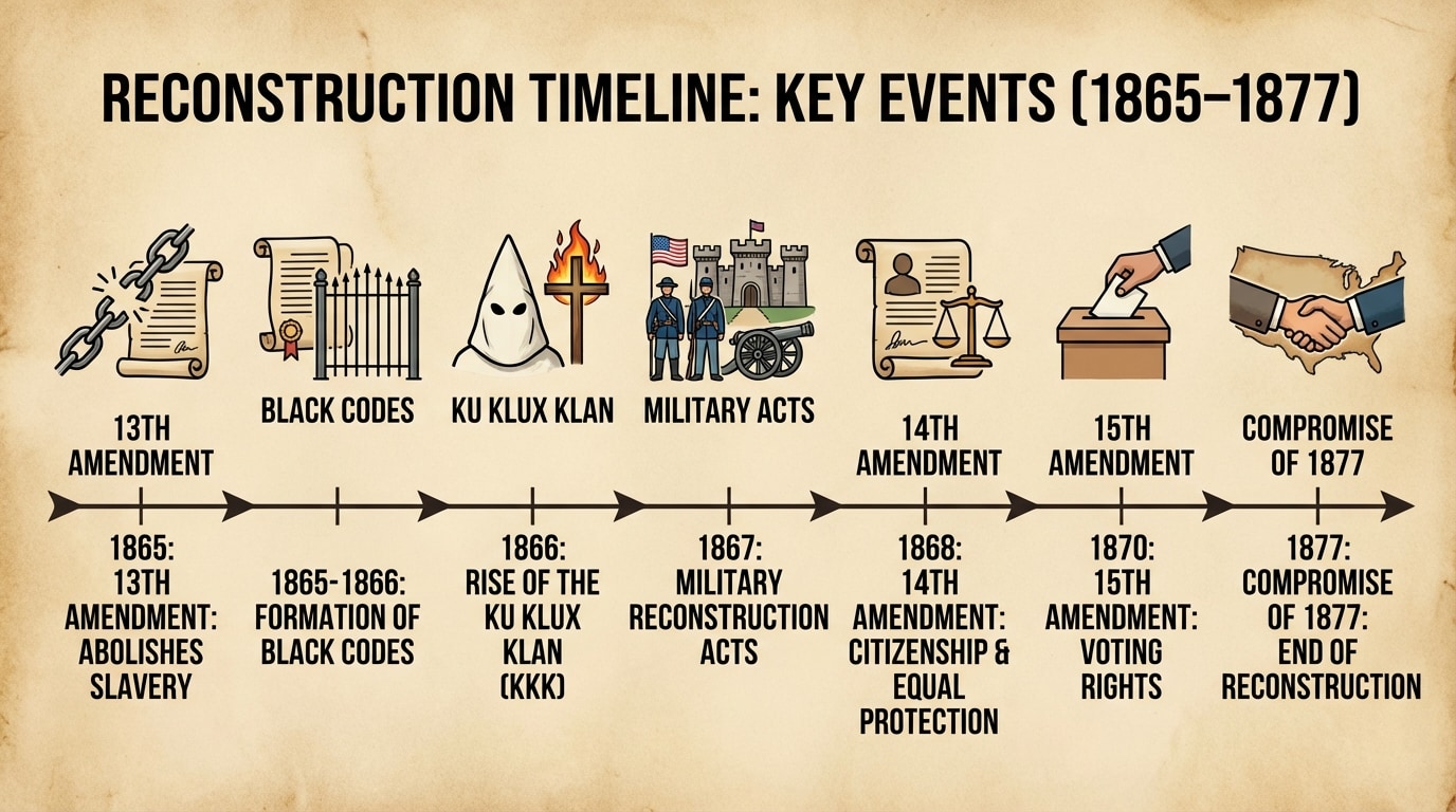 Timeline of key Reconstruction events from 1865 to 1877, including 13th, 14th, and 15th Amendments, formation of Black Codes, rise of the Ku Klux Klan, Military Reconstruction Acts, and the Compromise of 1877