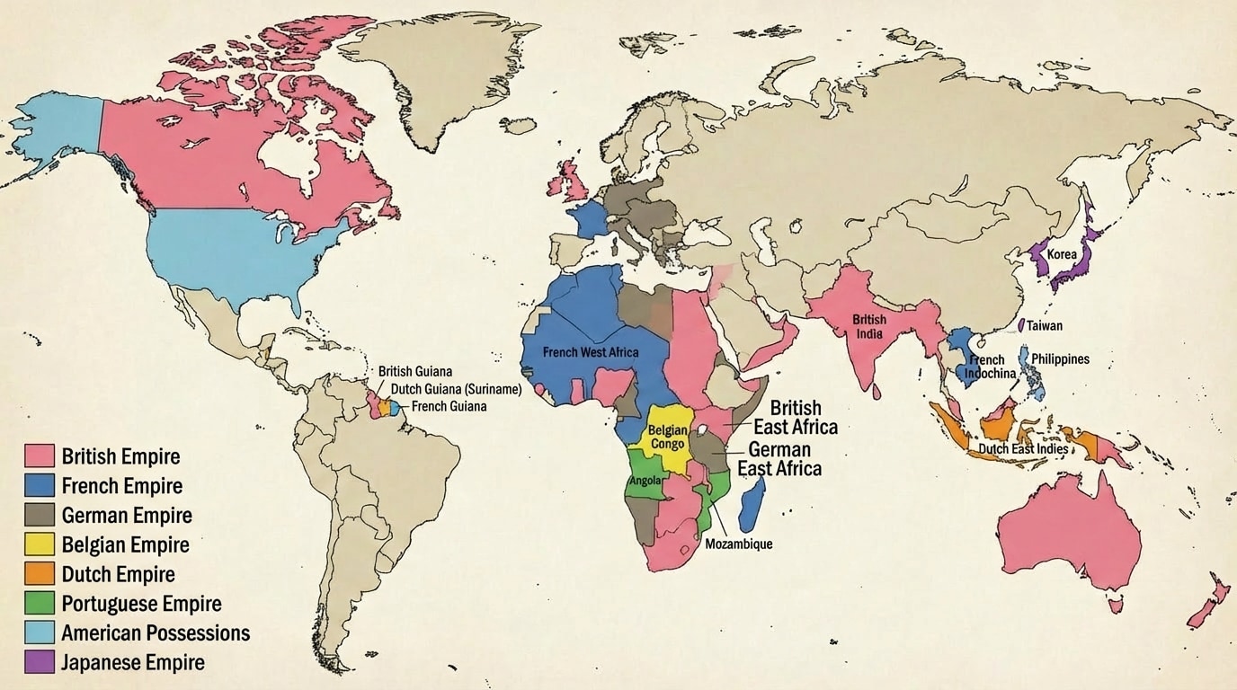 World map around 1914 showing British, French, German, Belgian, Dutch, Portuguese, American, and Japanese empires in different colors, with a legend and labels for major colonies in Africa and Asia.