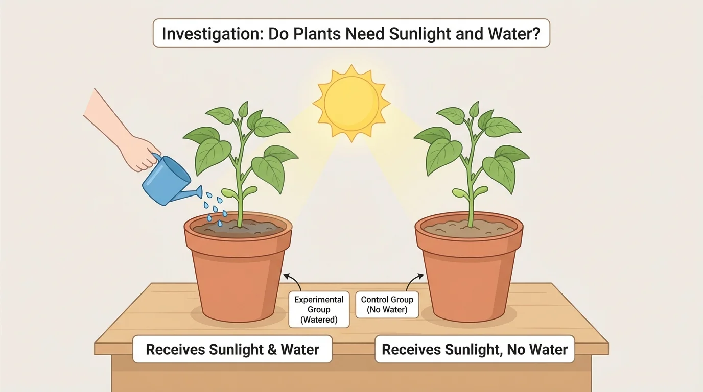 Two matching potted bean plants in the same sunny place, one receiving regular water from a small cup and one left dry, with simple labels