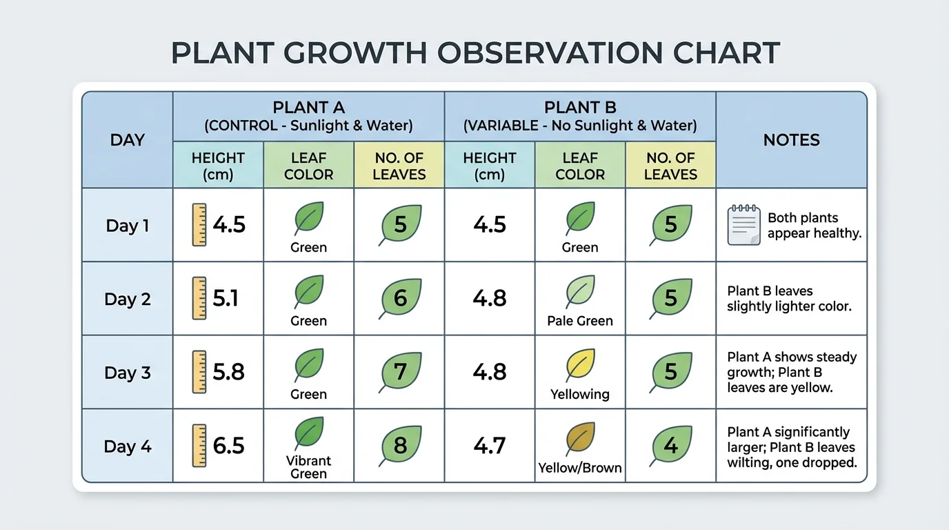 Simple student observation chart with rows for days and columns for plant height, leaf color, number of leaves, and notes for two plants